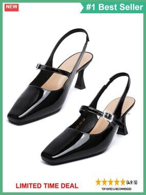 Slingback Mary Jane Pumps Square Toe Kitten Heel Faux Patent Leather